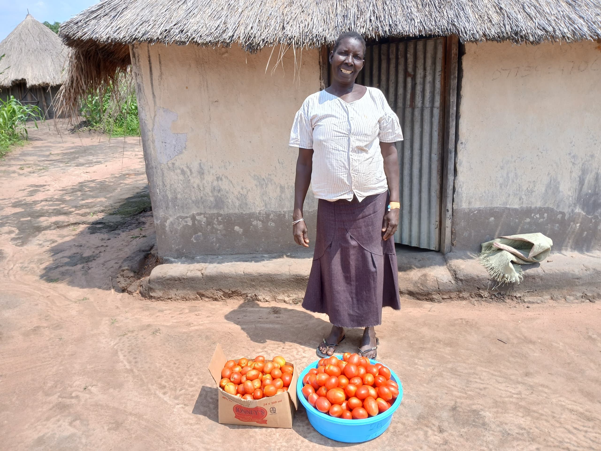 woman stands in front of house with thatched roof. She is wearing a white top and a brown skirt. On the ground in baskets she has tomatoes.