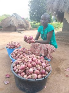 Woman in green top and brown skirt is crouching behind 3 big tubs. Tubs are overflowing with onions.