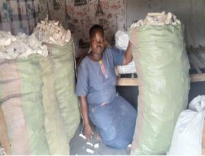 woman in dusky blue dress kneels between green sacks full of root vegetable, cassava. The sacks are same height as she is.