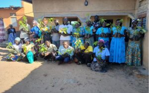 two lines of people - one standing, one crouching in front - holding up seedlings and smiling