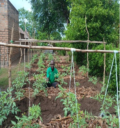 Man crouched in garden bed smiling at camera. He is wearing a green polo shirt with dark trousers. The garden has wooden plant supports for tomato plants to grow up.